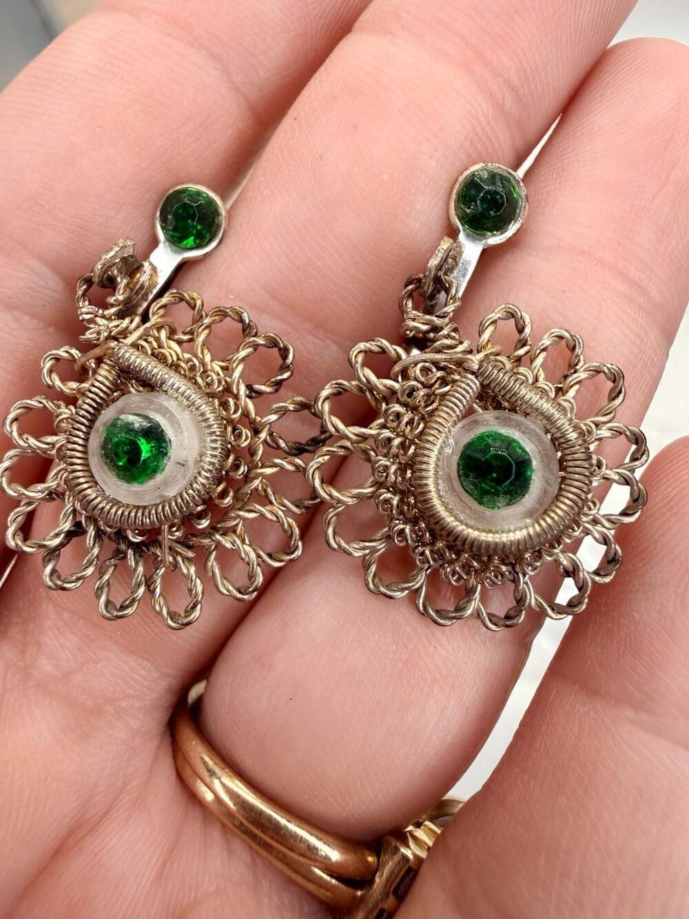 Antique Silesian Iron Wirework Screw Back Earrings Green